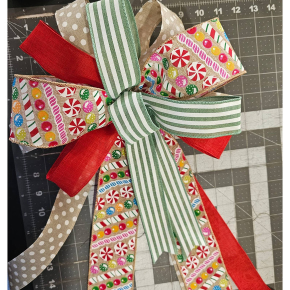 Candy Bow, Handmade Christmas Bow, Winter Bow, Whimsical Bow, Tree Topper - Picture 9 of 11